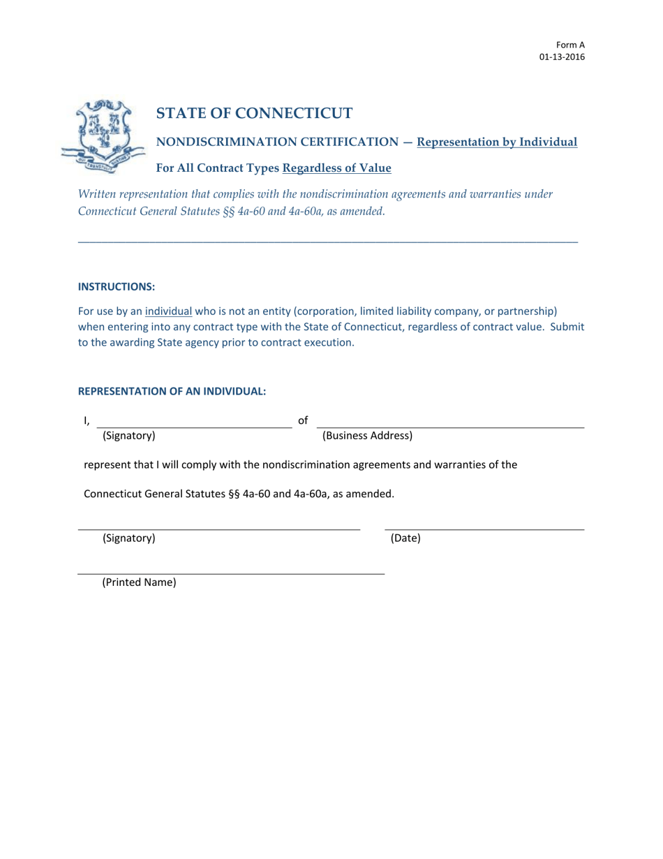 Form A Nondiscrimination Certification - Representation by Individual - Connecticut, Page 1