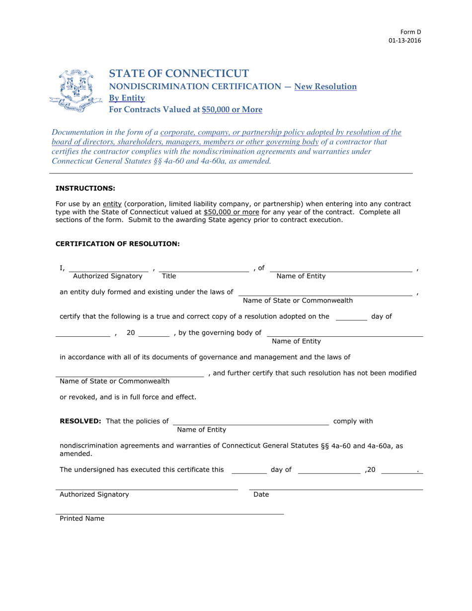 Form D Nondiscrimination Certification - New Resolution by Entity - Connecticut, Page 1