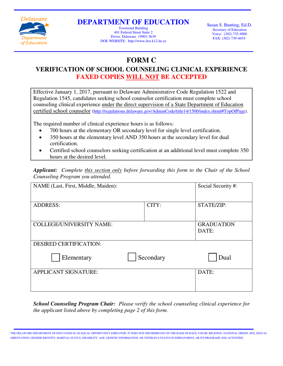 Form C Verification of School Counseling Clinical Experience - Delaware, Page 1