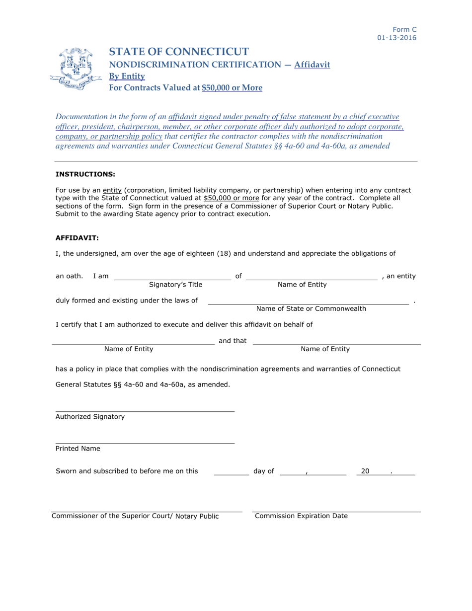 Form C Nondiscrimination Certification - Affidavit by Entity - Connecticut, Page 1