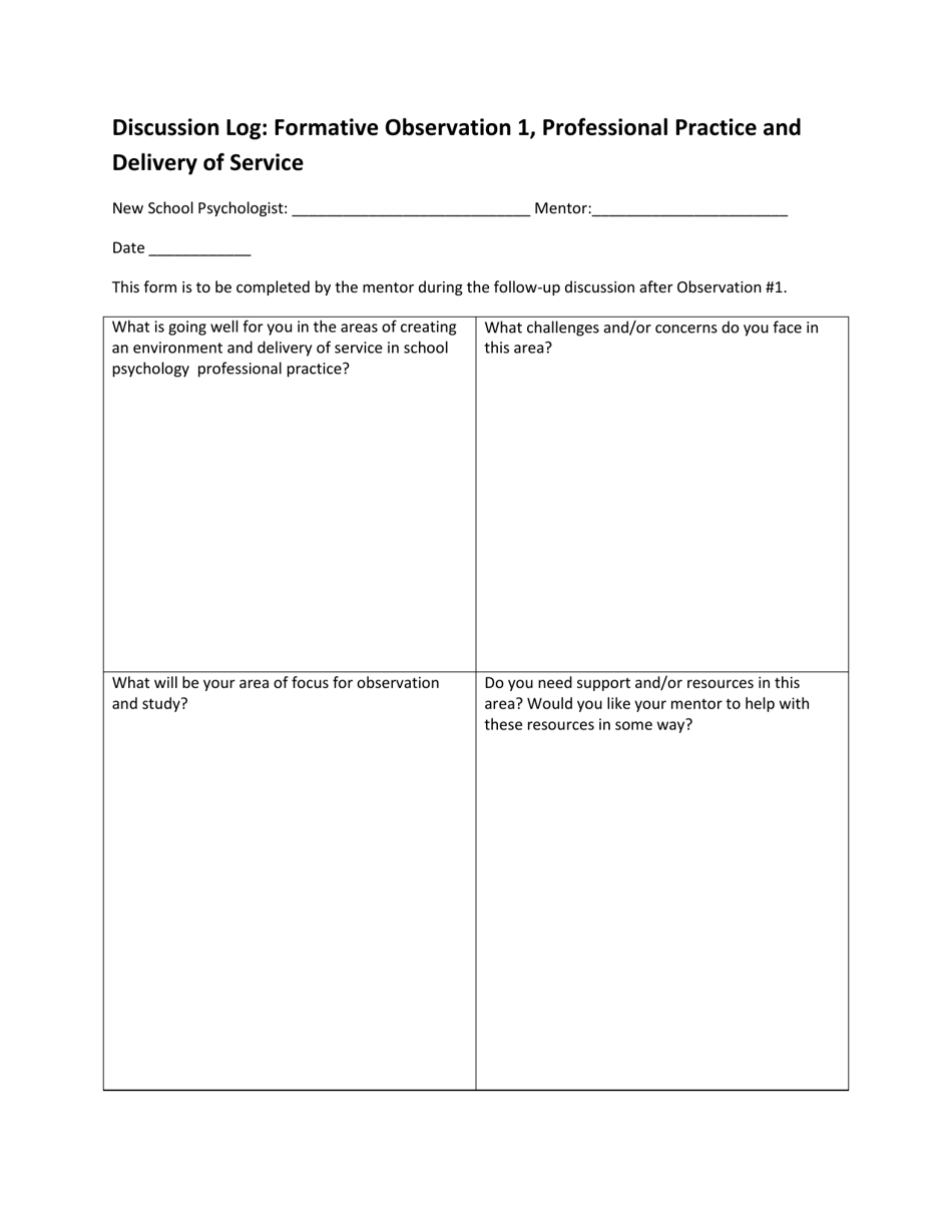 Discussion Log: Formative Observation 1, Professional Practice and Delivery of Service - Delaware, Page 1