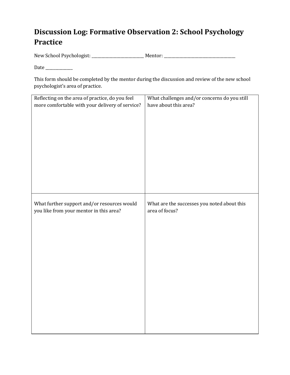 Discussion Log: Formative Observation 2: School Psychology Practice - Delaware, Page 1