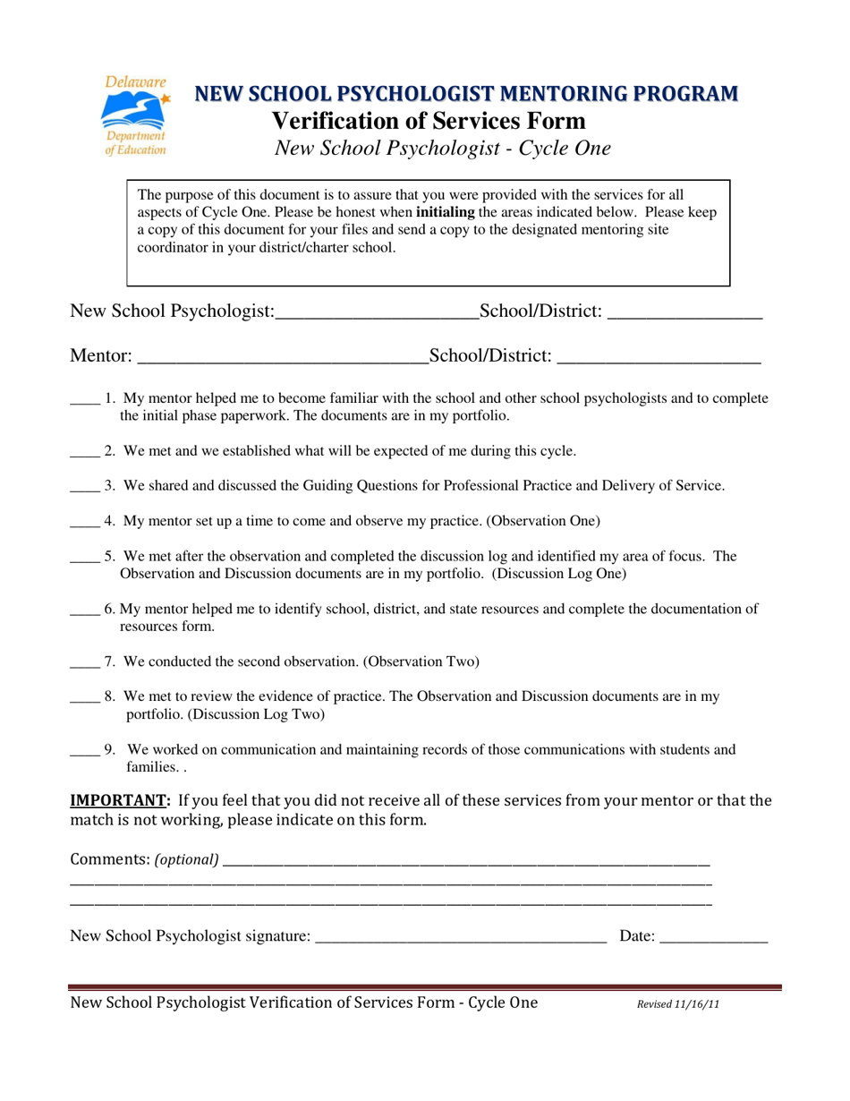 Verification of Services Form - New School Psychologist - Cycle One - Delaware, Page 1