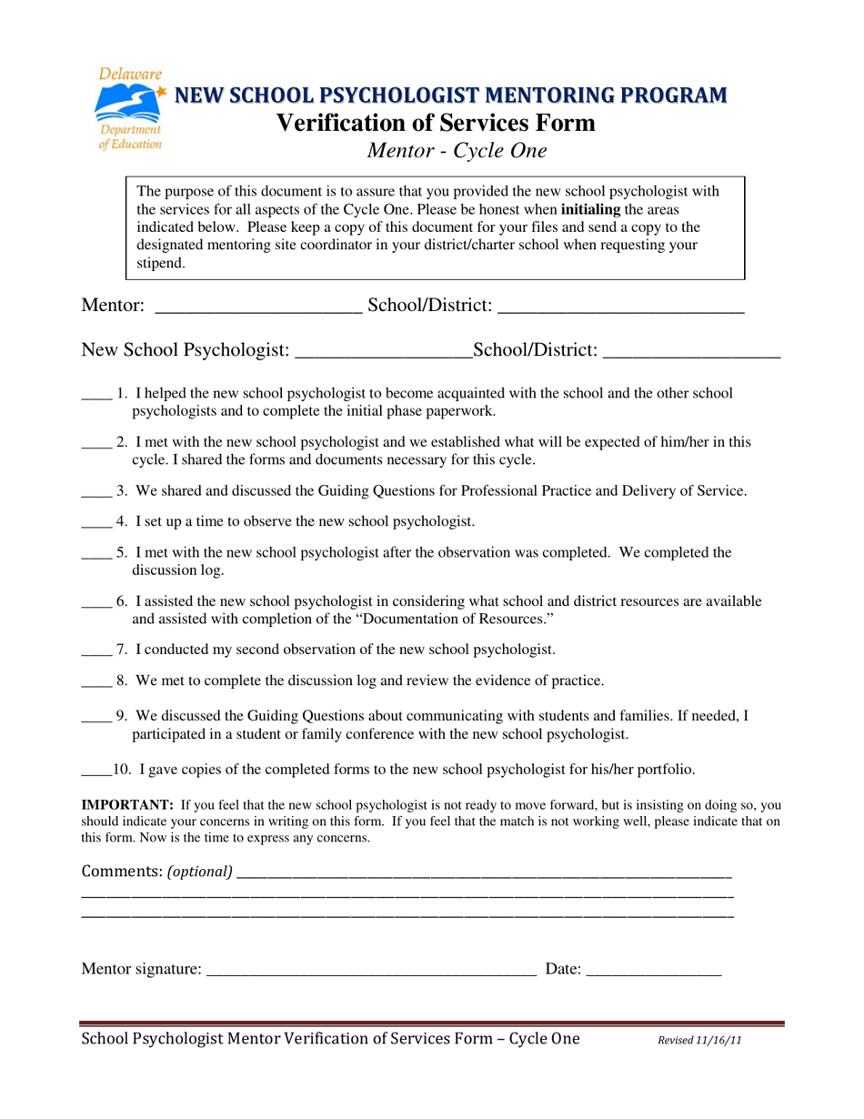 Verification of Services Form - Mentor - Cycle One - Delaware, Page 1