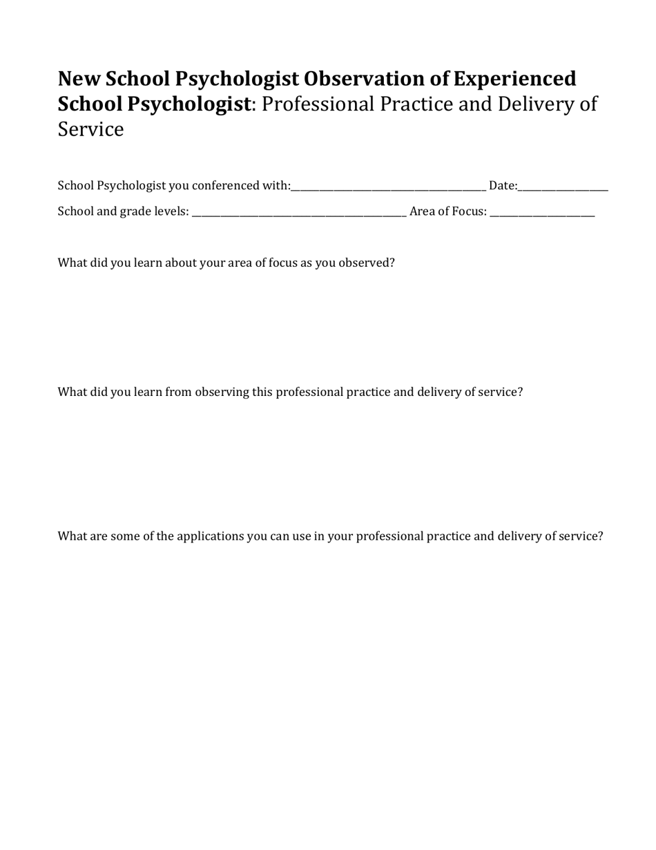 New School Psychologist Observation of Experienced School Psychologist: Professional Practice and Delivery of Service - Delaware, Page 1