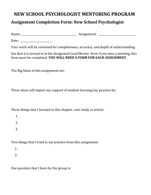 Assignment Completion Form: New School Psychologist - Delaware Download Pdf