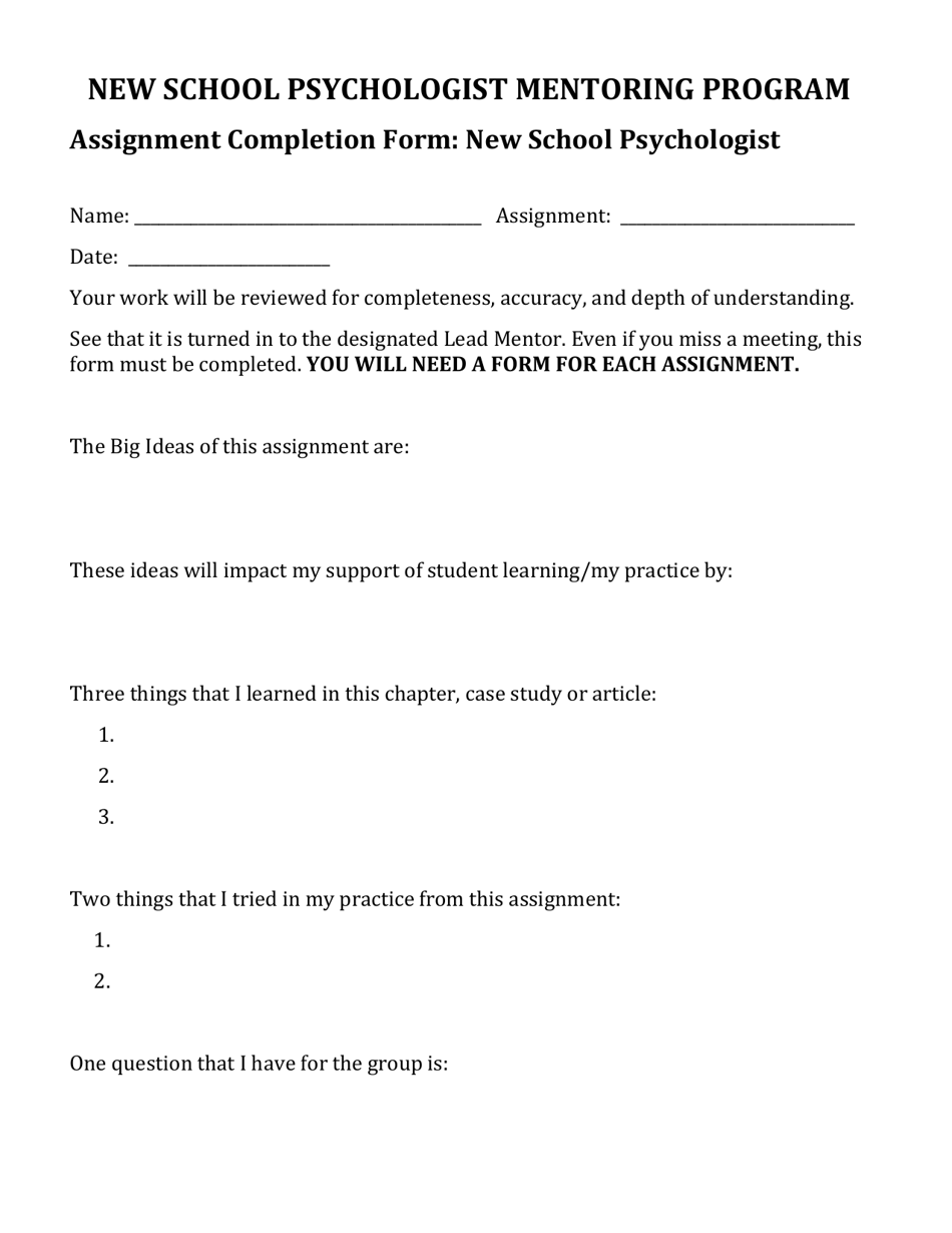 Assignment Completion Form: New School Psychologist - Delaware, Page 1
