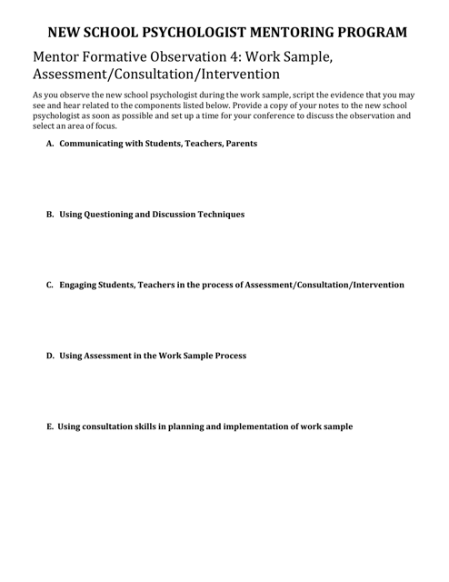 Mentor Formative Observation 4: Work Sample, Assessment/Consultation/Intervention - Delaware