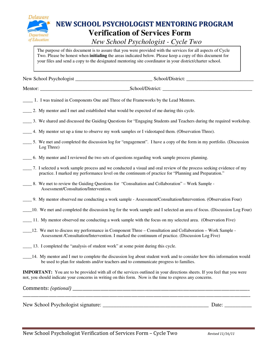 Verification of Services Form - New School Psychologist - Cycle Two - Delaware, Page 1
