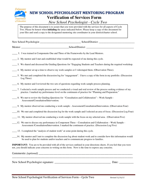 Verification of Services Form - New School Psychologist - Cycle Two - Delaware Download Pdf
