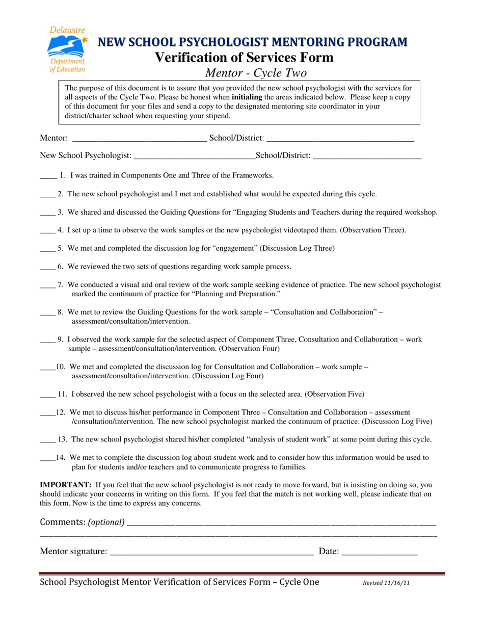 Verification of Services Form - Mentor - Cycle Two - Delaware, Page 1