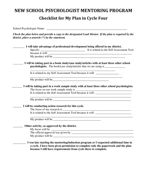Checklist for My Plan in Cycle Four - Delaware Download Pdf