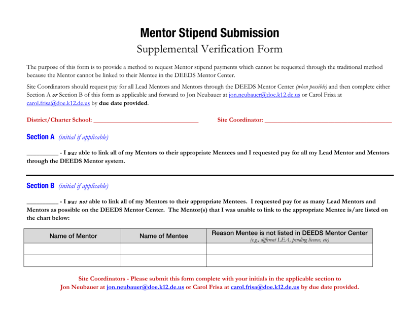 Mentor Stipend Submission - Supplemental Verification Form - Delaware Download Pdf