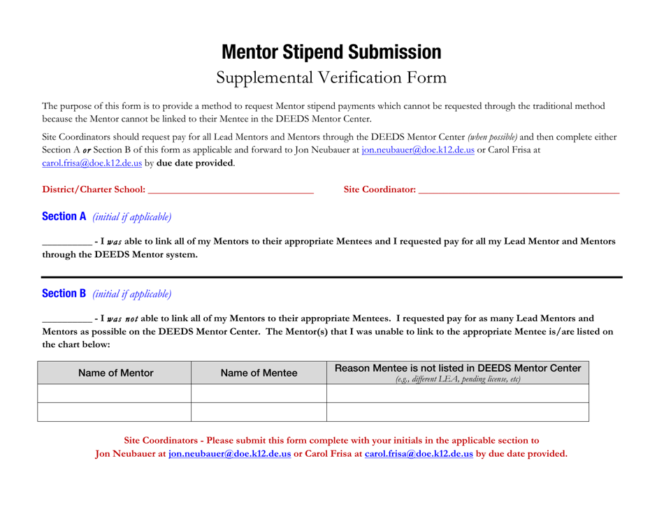 Delaware Mentor Stipend Submission - Supplemental Verification Form ...