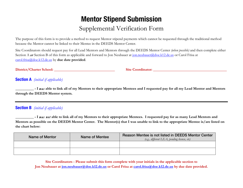Mentor Stipend Submission - Supplemental Verification Form - Delaware, Page 1