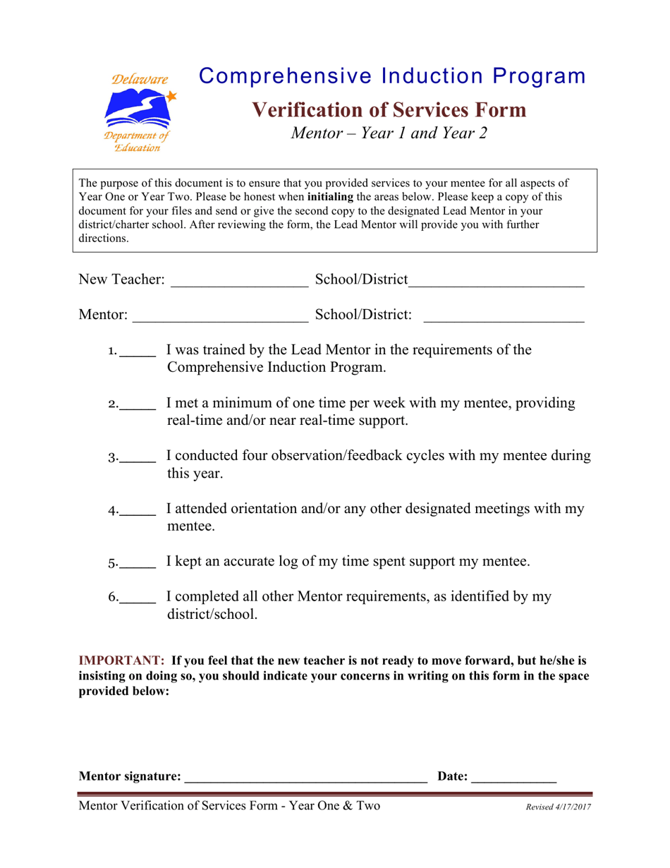 Verification of Services Form - Mentor - Year 1 and Year 2 - Delaware, Page 1
