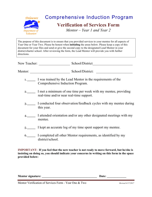 Verification of Services Form - Mentor - Year 1 and Year 2 - Delaware Download Pdf