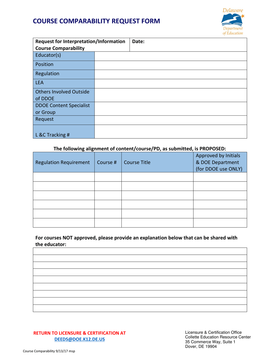 Course Comparability Request Form - Delaware, Page 1