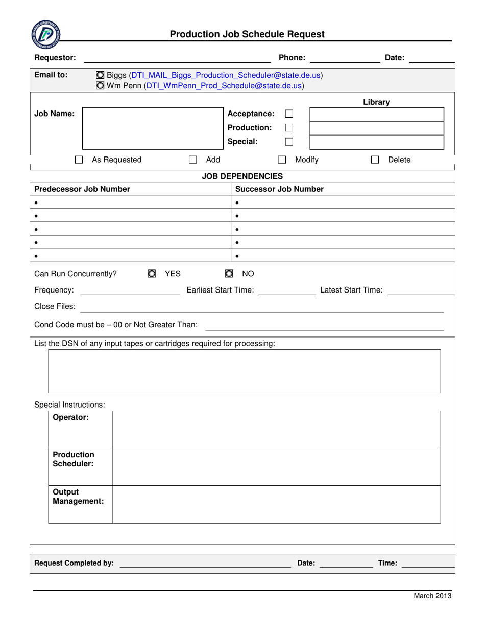 Production Job Schedule Request - Delaware, Page 1