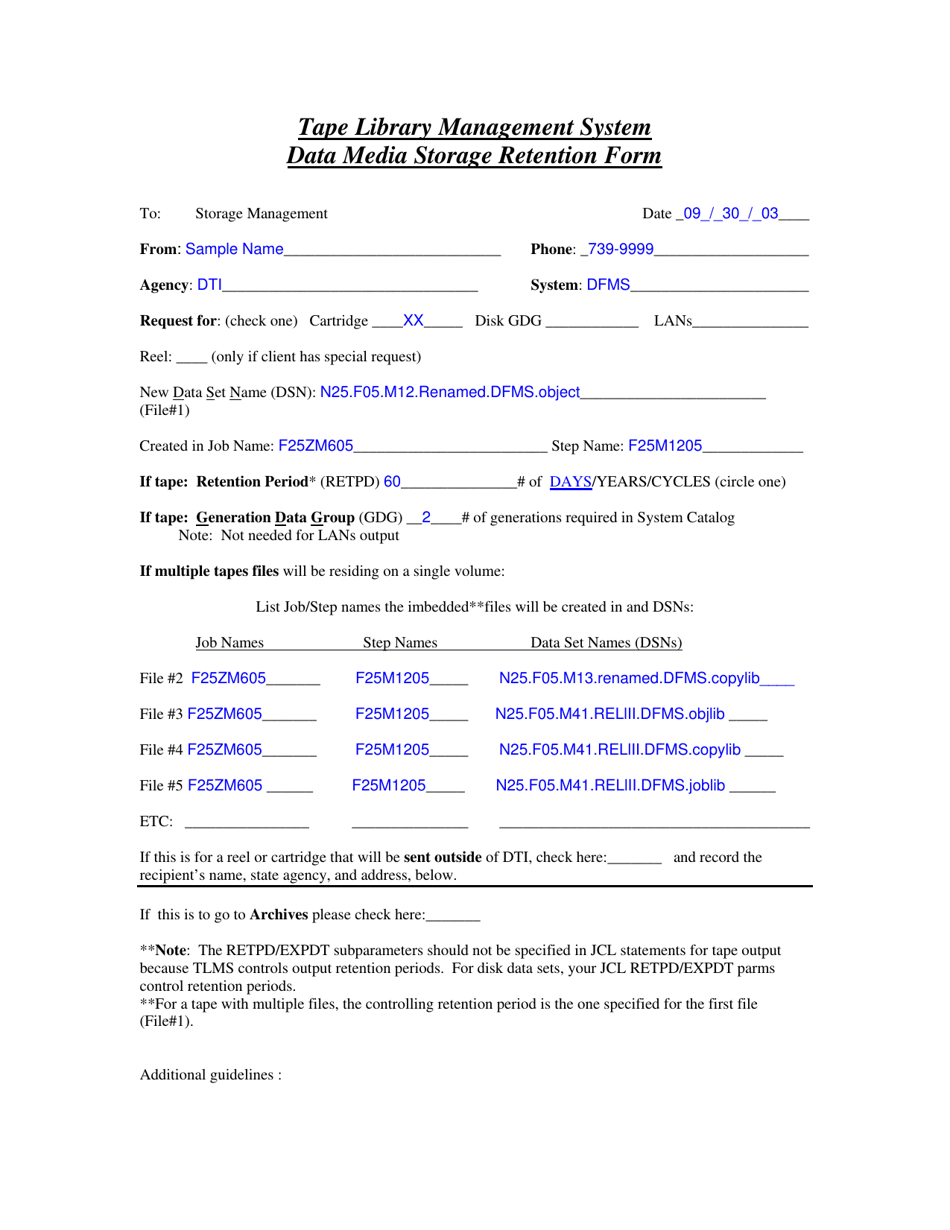 Sample Tape Library Management System Data Media Storage Retention Form - Delaware, Page 1