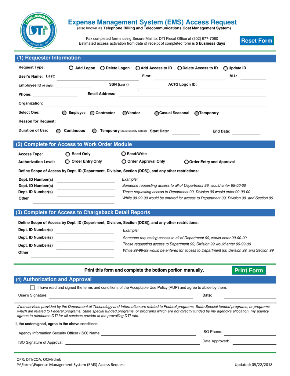 Delaware Expense Management System (EMS) Access Request - Fill Out ...