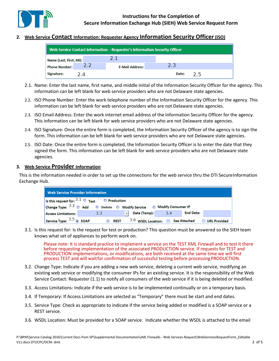 Instructions for Secure Information Exchange Hub (Sieh) Web Service Request - Delaware, Page 2