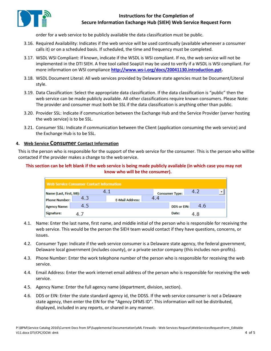 Instructions for Secure Information Exchange Hub (Sieh) Web Service Request - Delaware, Page 4