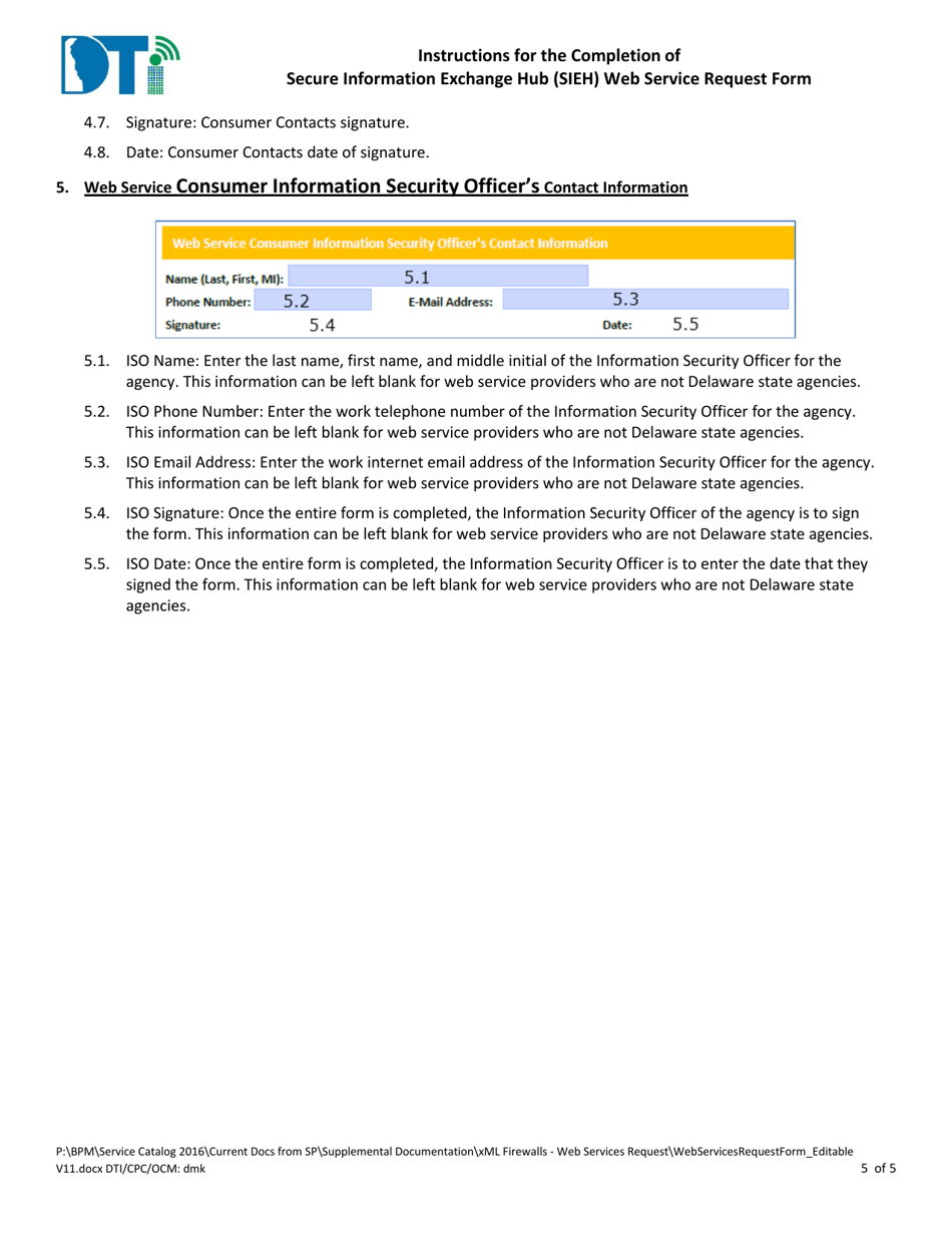 Instructions for Secure Information Exchange Hub (Sieh) Web Service Request - Delaware, Page 5