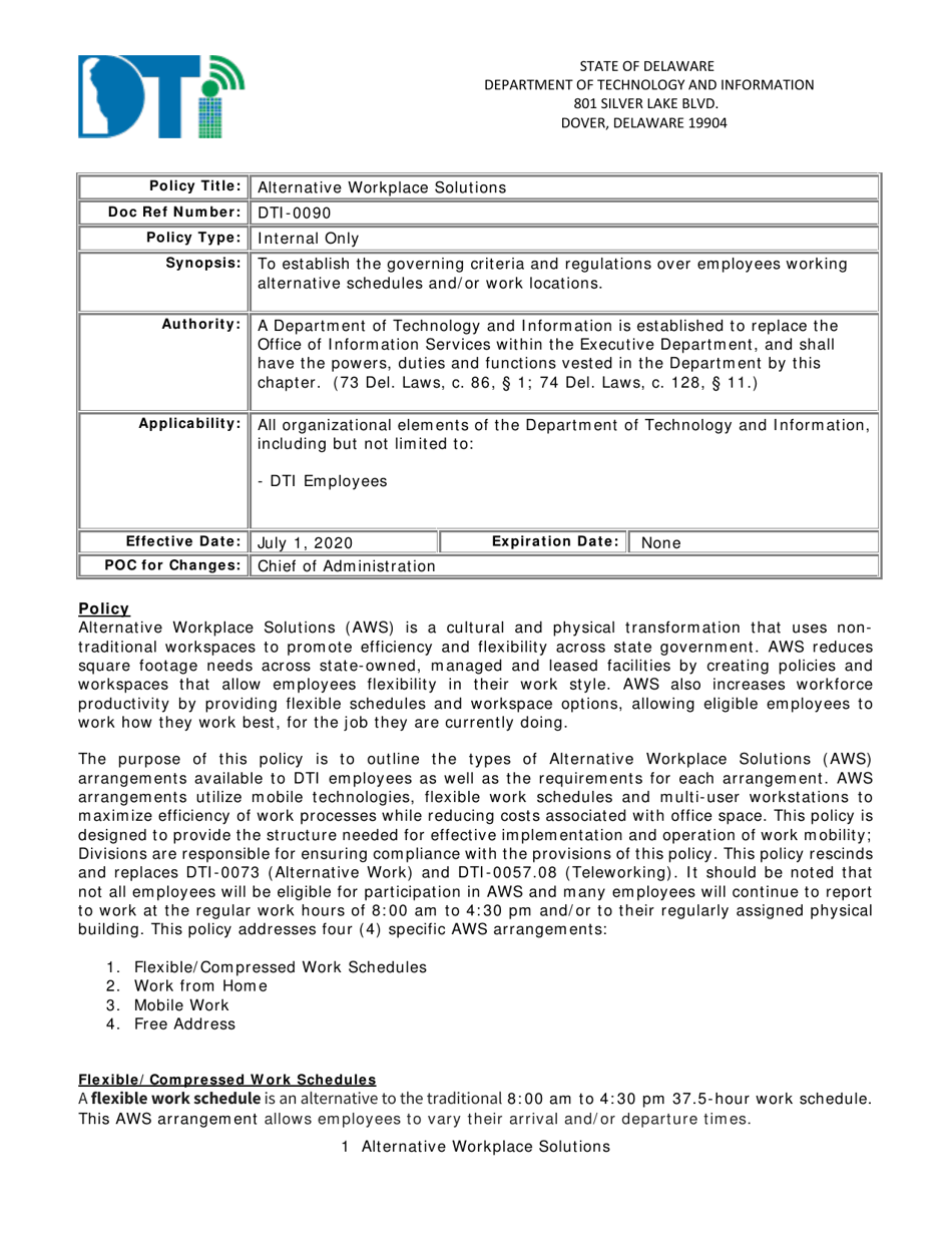 Alternative Workplace Solutions Acknowledgement Form - Delaware, Page 1