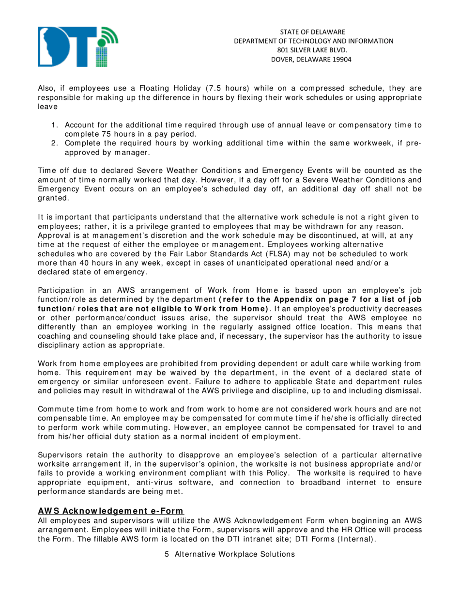 Alternative Workplace Solutions Acknowledgement Form - Delaware, Page 5