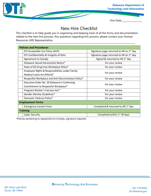 New Hire Checklist - Contractor - Delaware