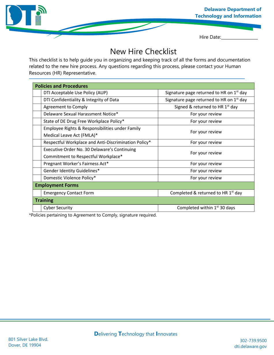 New Hire Checklist - Contractor - Delaware, Page 1