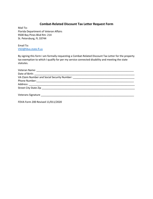 FDVA Form 200 Combat-Related Discount Tax Letter Request Form - Florida
