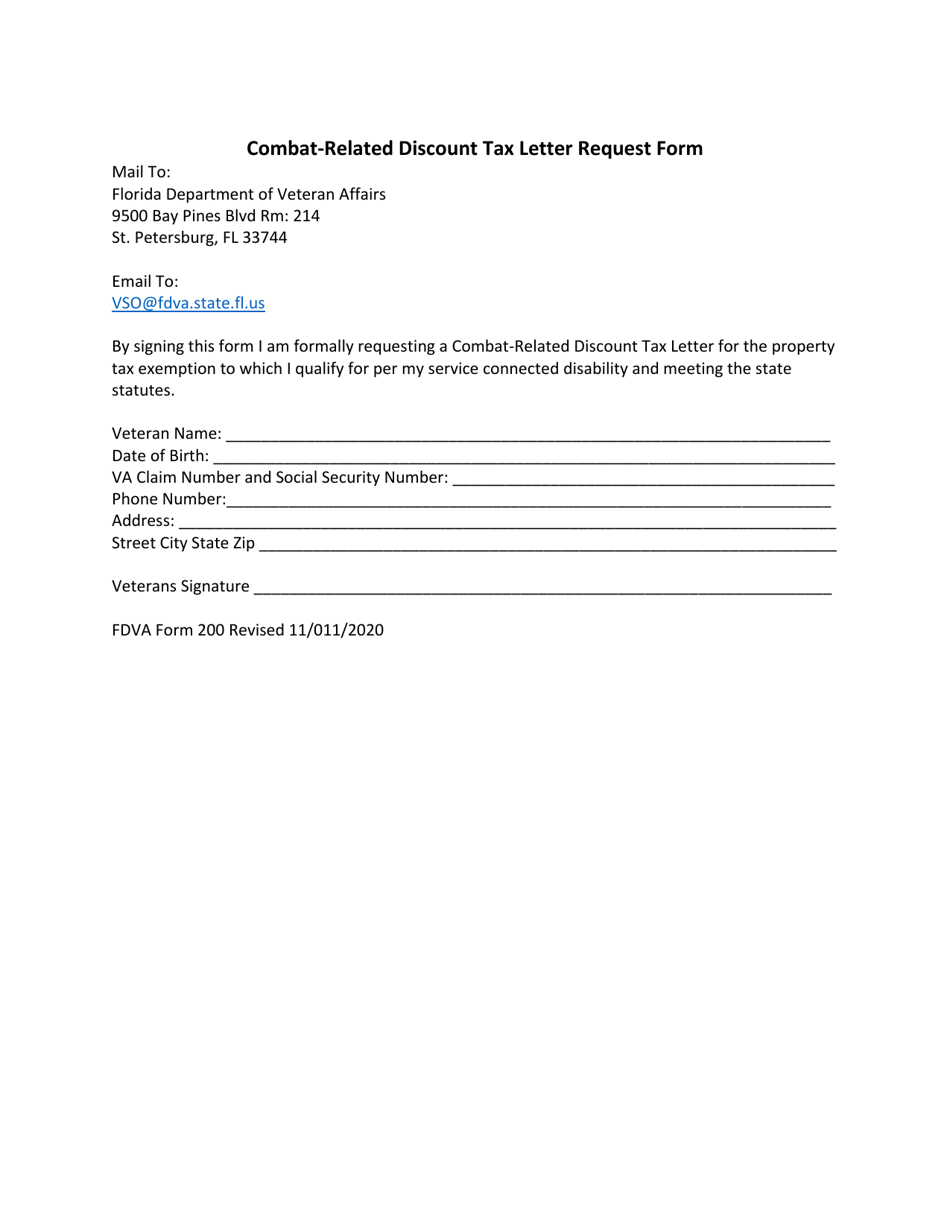 FDVA Form 200 Combat-Related Discount Tax Letter Request Form - Florida, Page 1