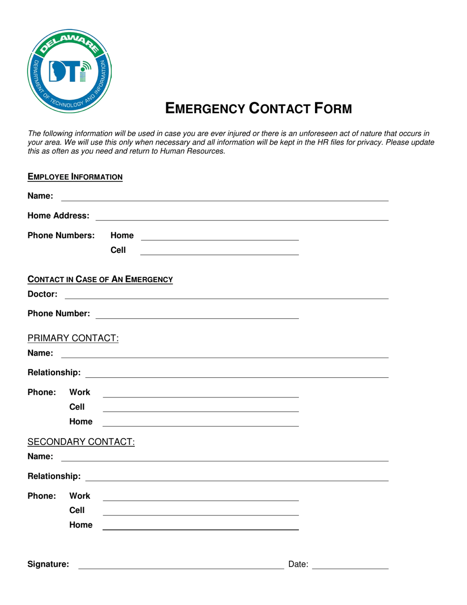 Delaware Emergency Contact Form Download Printable PDF | Templateroller