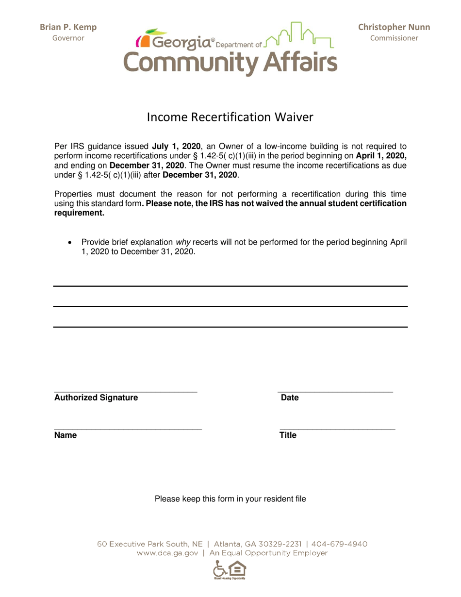 Income Recertification Waiver - Georgia (United States), Page 1