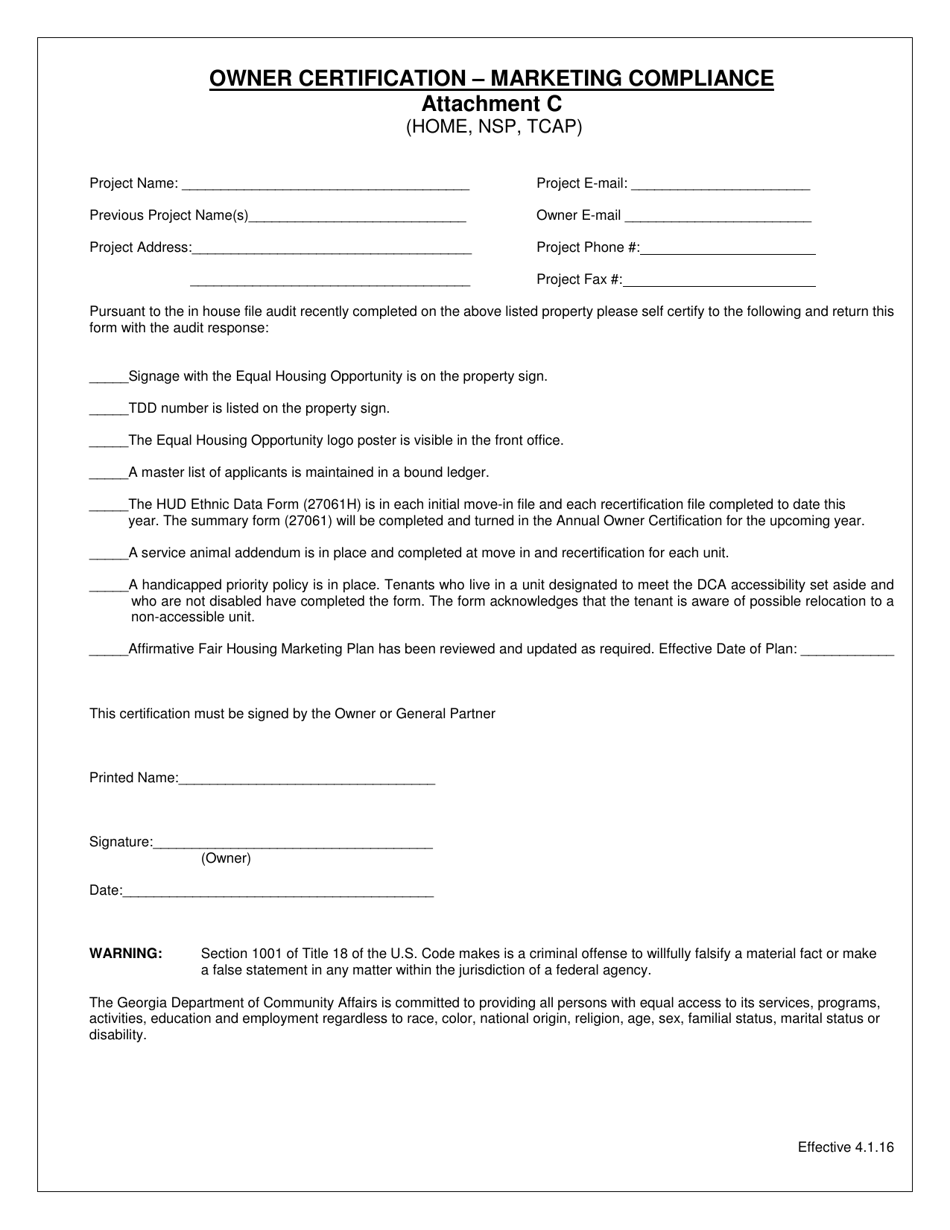 Attachment C Owner Certification - Marketing Compliance (Home, Nsp, Tcap) - Georgia (United States), Page 1