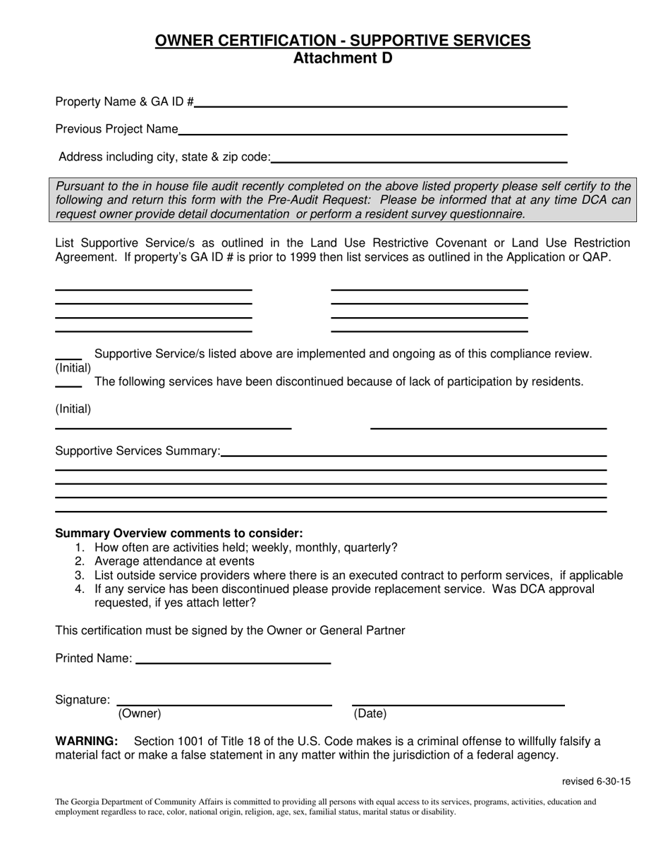 Attachment D Owner Certification - Supportive Services - Georgia (United States), Page 1