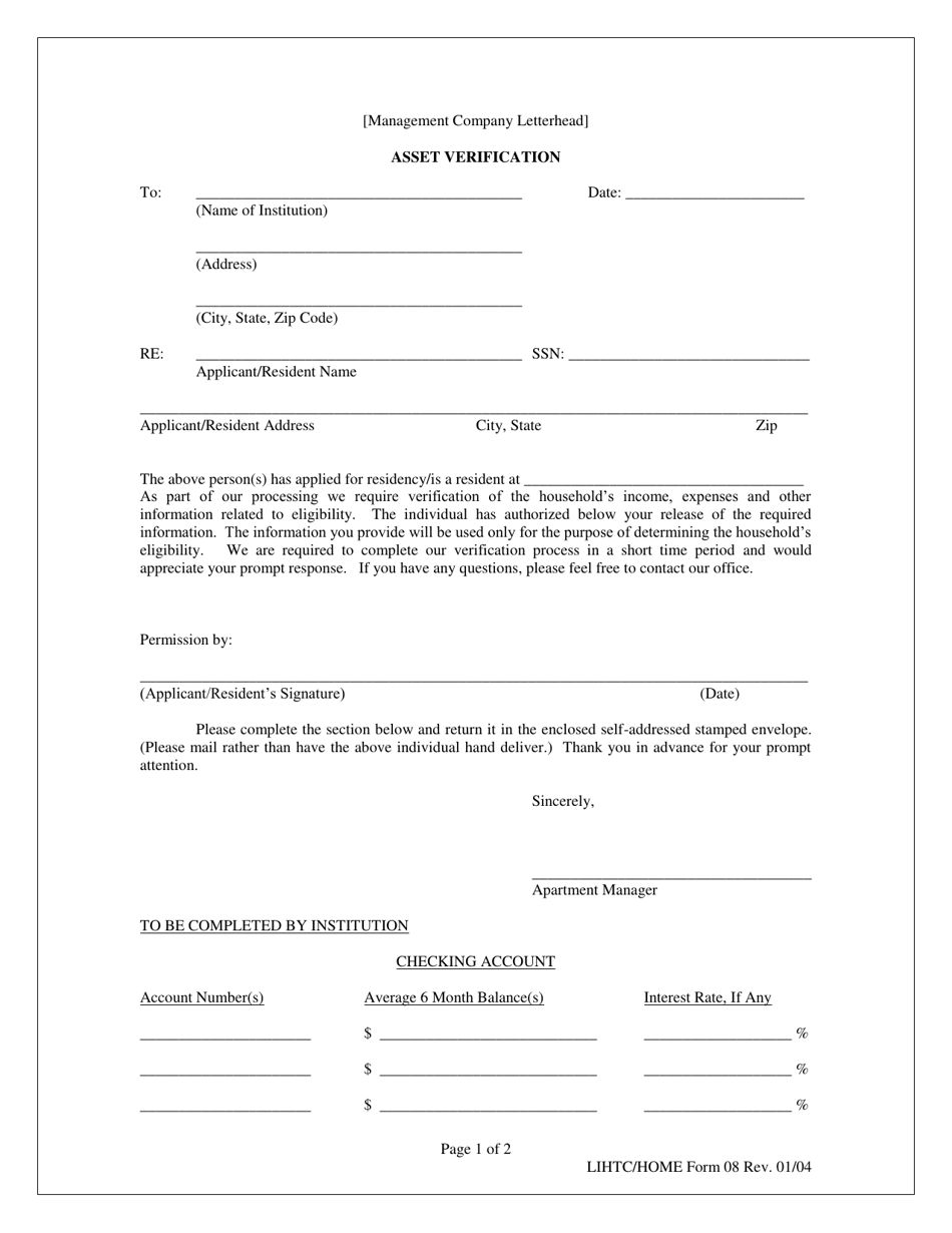 LIHTC / HOME Form 08 Asset Verification - Georgia (United States), Page 1
