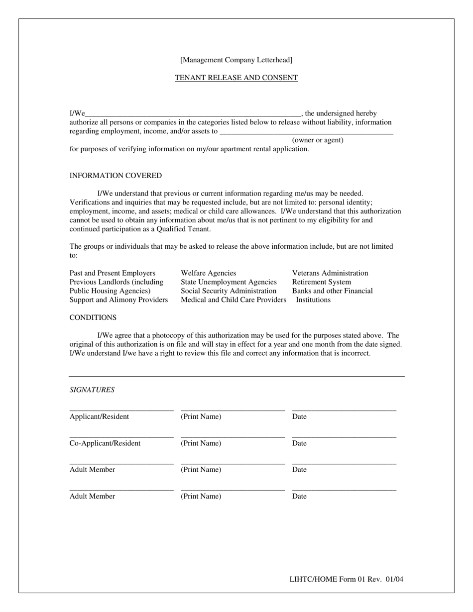 LIHTC / HOME Form 01 Tenant Release and Consent - Georgia (United States), Page 1