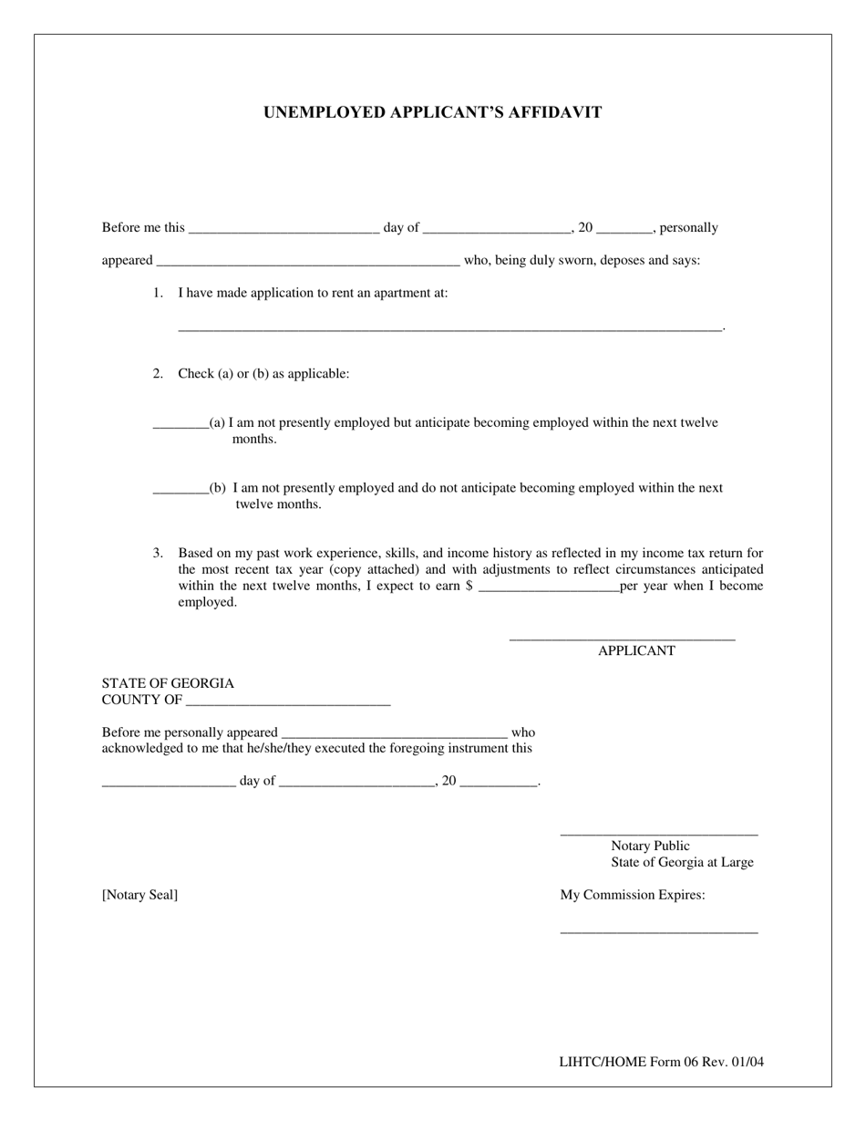LIHTC / HOME Form 06 Unemployed Applicants Affidavit - Georgia (United States), Page 1