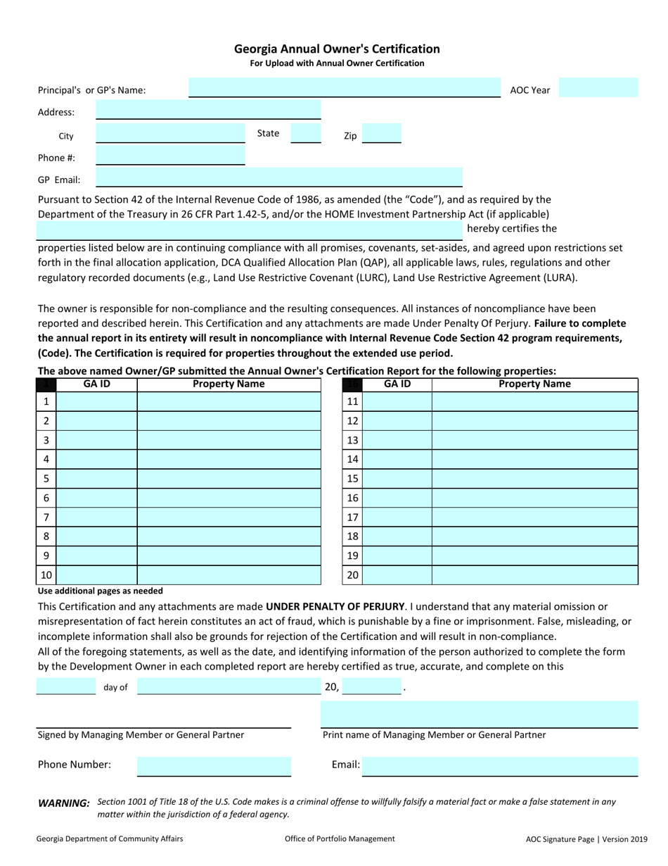 Georgia Annual Owners Certification Signature Page - Georgia (United States), Page 1