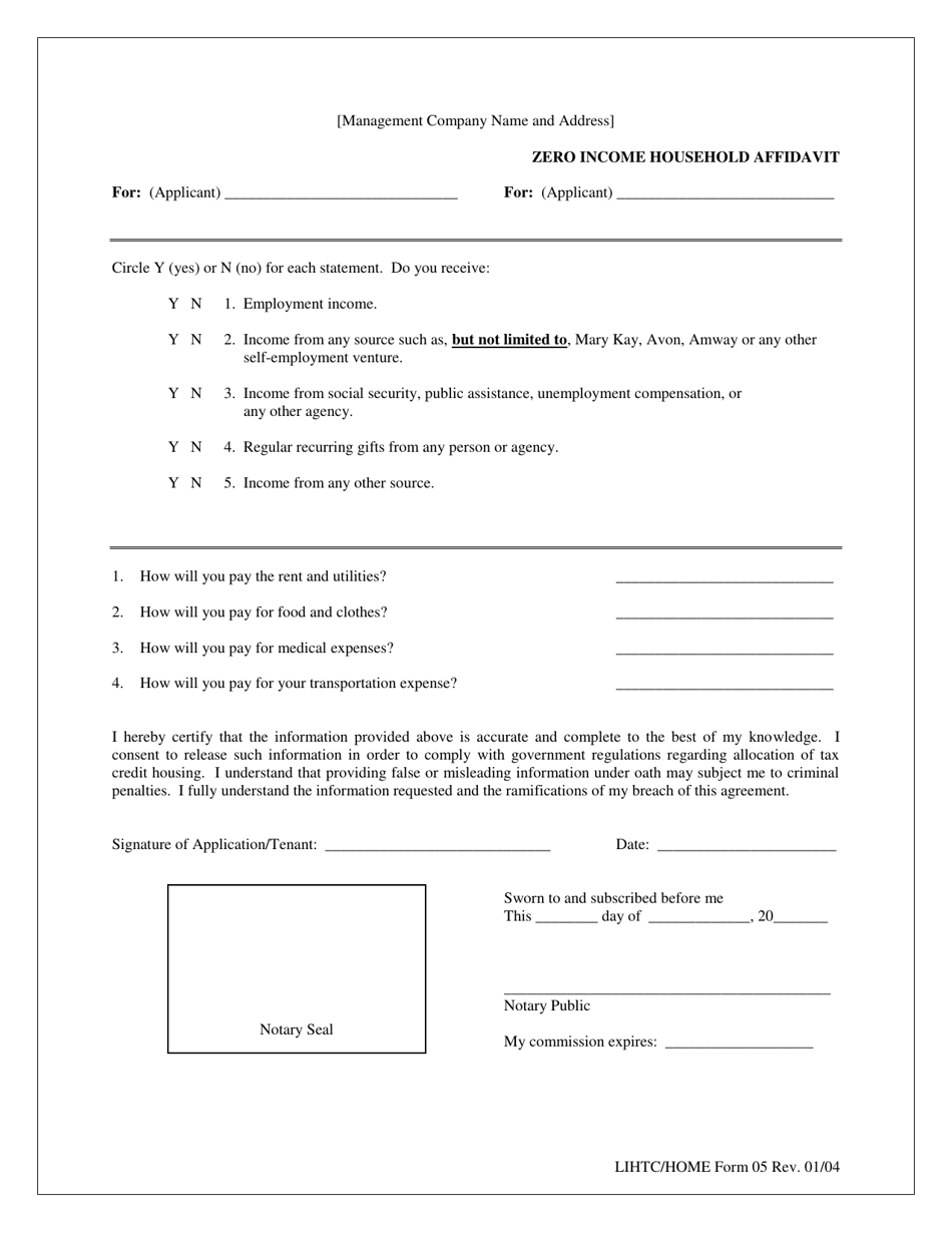 LIHTC / HOME Form 05 Zero Income Household Affidavit - Georgia (United States), Page 1