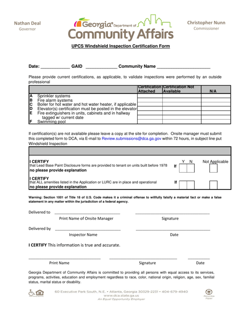 Upcs Windshield Inspection Certification Form - Georgia (United States) Download Pdf