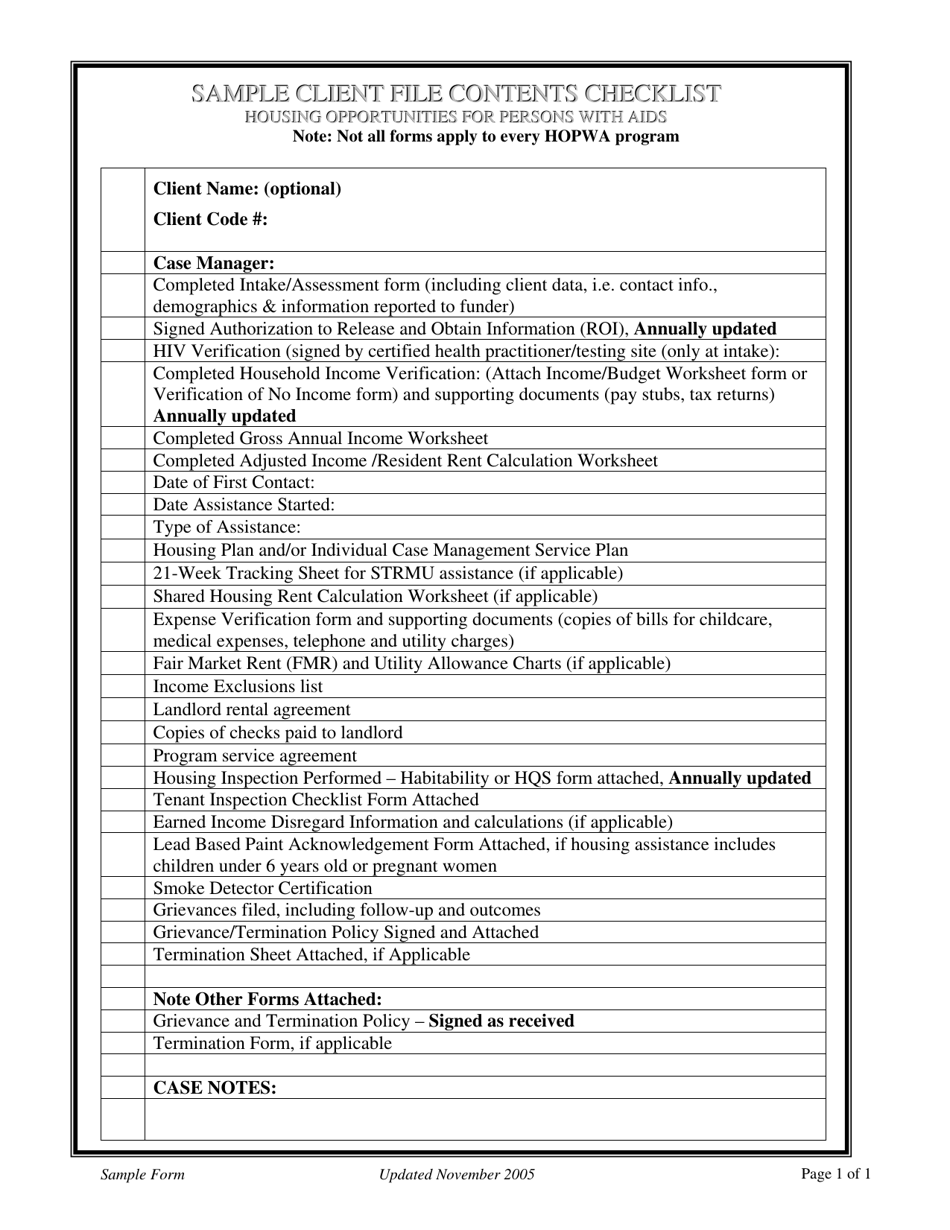 Sample Client File Contents Checklist - Housing Opportunities for Persons With Aids, Page 1