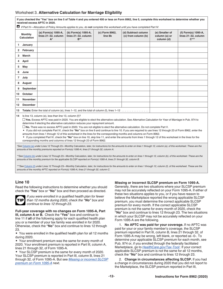 Instructions for IRS Form 8962 Premium Tax Credit (Ptc), Page 12