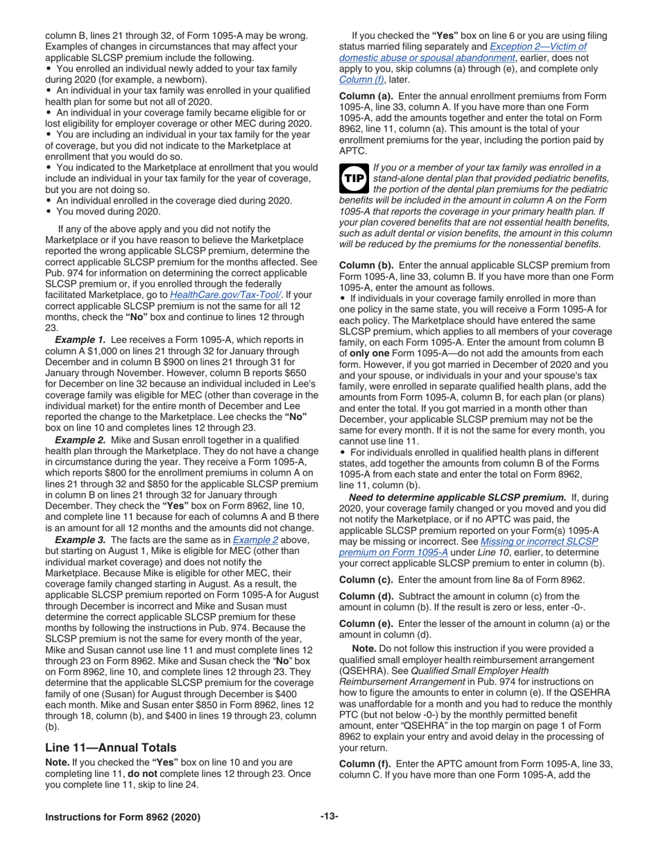 Instructions for IRS Form 8962 Premium Tax Credit (Ptc), Page 13