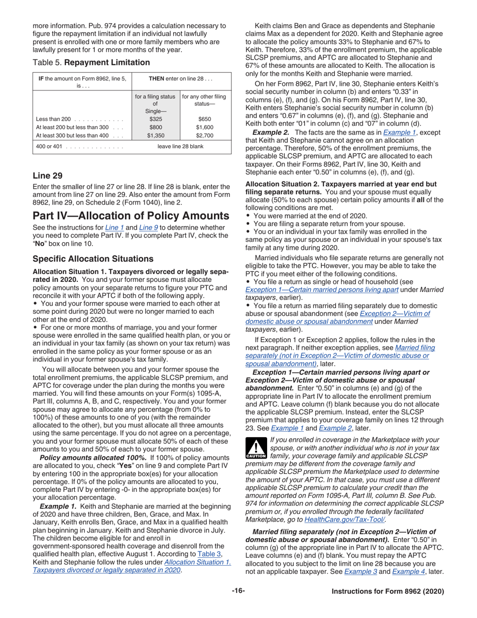 Instructions for IRS Form 8962 Premium Tax Credit (Ptc), Page 16