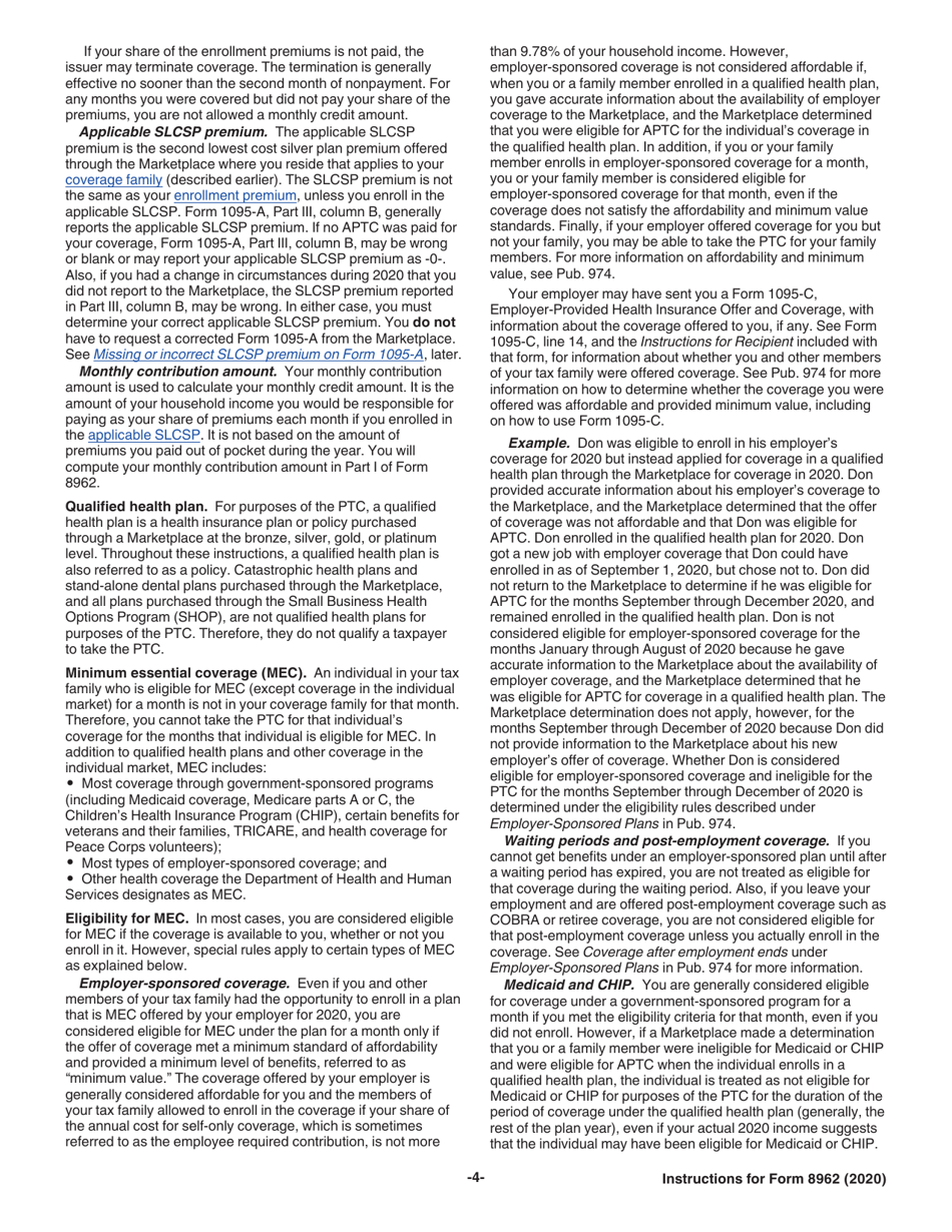 Instructions for IRS Form 8962 Premium Tax Credit (Ptc), Page 4