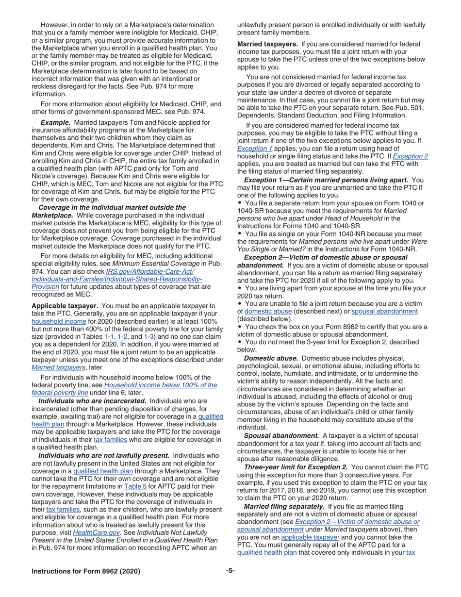 Instructions for IRS Form 8962 Premium Tax Credit (Ptc), Page 5